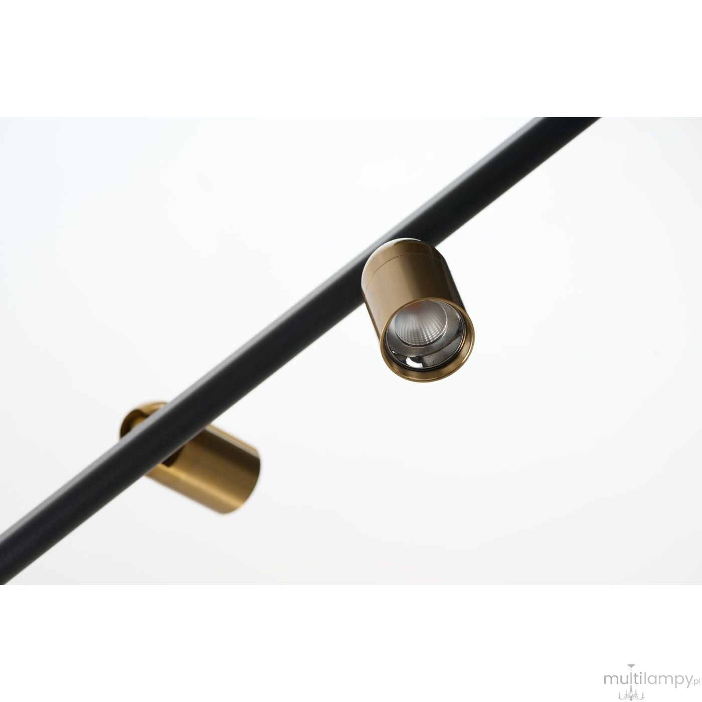 Lampa wisząca Trasimeno z czarnym metalowym stelażem i dwoma reflektorami LED w kolorze złotym. Reflektory są umieszczone na poziomej rurze, zapewniając nowoczesny design i funkcjonalność.