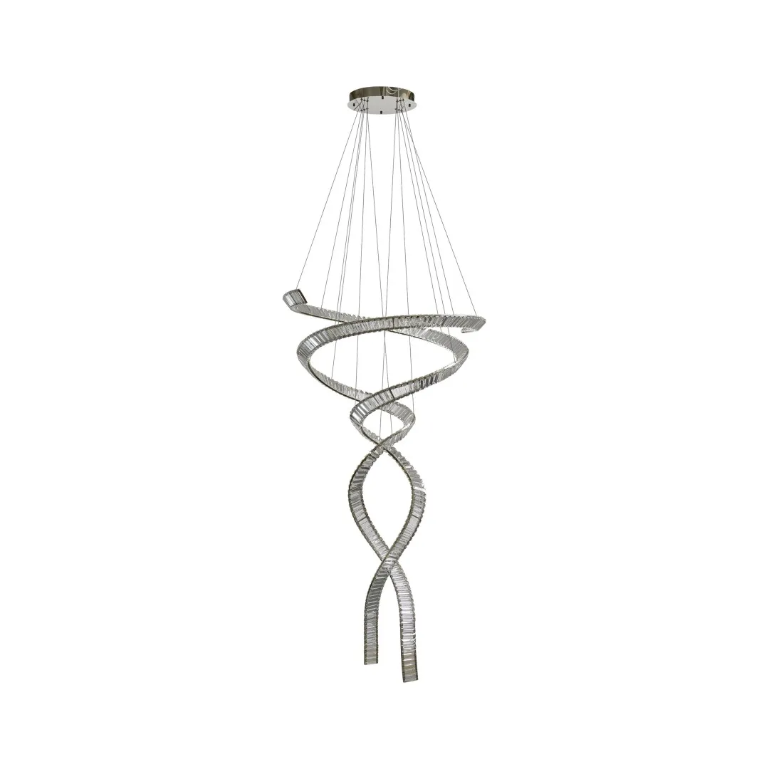 Lampa wisząca Spark Spiral XXL z chromowanym wykończeniem, w kształcie spirali. Posiada dwa źródła światła LED o mocy 280W CCT, zawieszona na cienkich linkach. Idealna do nowoczesnych wnętrz, na jednolitym tle.