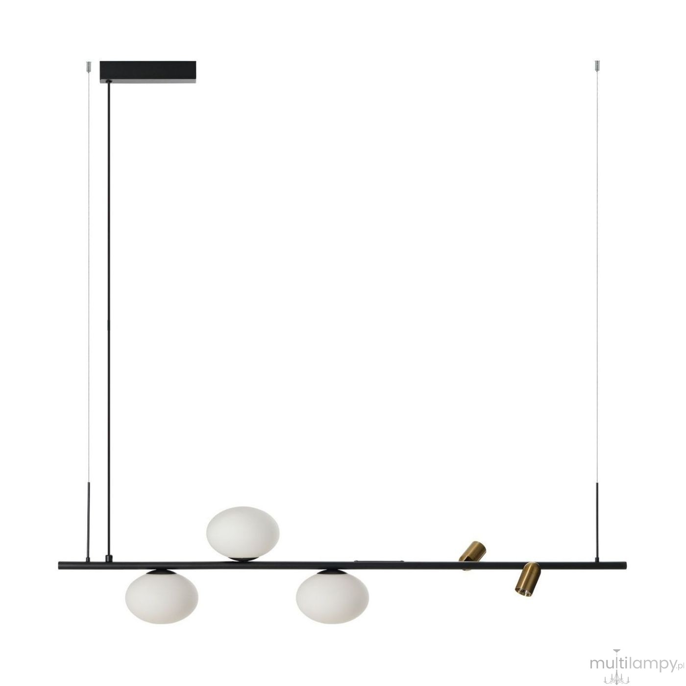Lampa wisząca Trasimeno w kolorze czarnym z trzema okrągłymi kloszami z białego szkła. Posiada dwa źródła LED 10W i trzy gniazda G9. Zamontowana na cienkich linkach, w minimalistycznym stylu, idealna do nowoczesnych wnętrz.