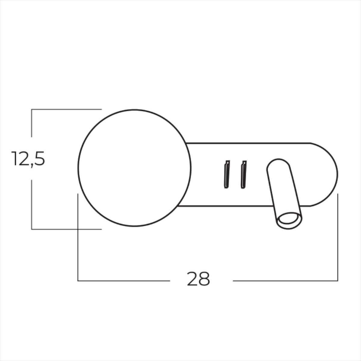 Kinkiet LED Trasimeno w kolorze czarnym o mocy 2,9W, z okrągłą głowicą i prostokątnym uchwytem. Wymiary: 28 cm długości, 12,5 cm wysokości. Widoczny włącznik oraz miejsce na żarówkę G9. Prosty, nowoczesny design.