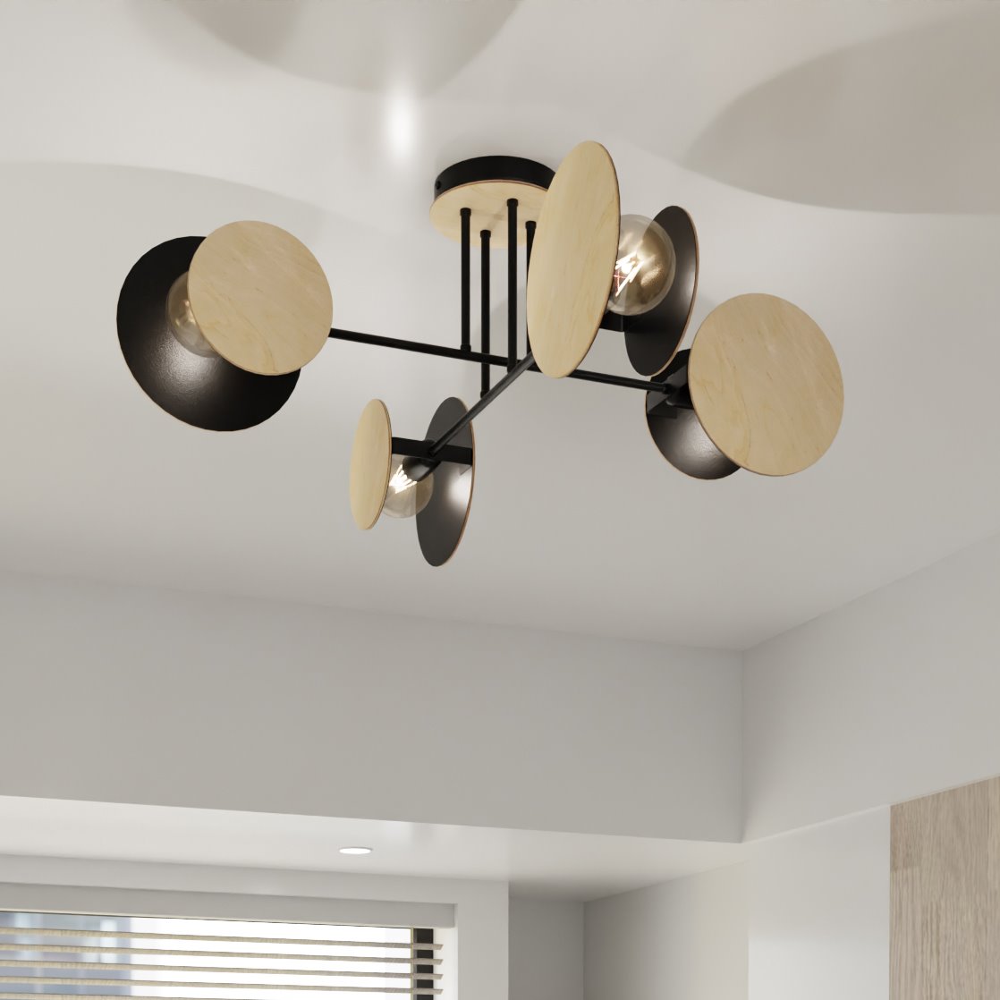 Czarna lampa sufitowa Zita 4-punktowa z drewnianymi, okrągłymi kloszami. Ułożona w nowoczesnym stylu, z metalowymi ramionami, montowana pod sufitem. Widoczne cztery źródła światła umieszczone na różnych poziomach.