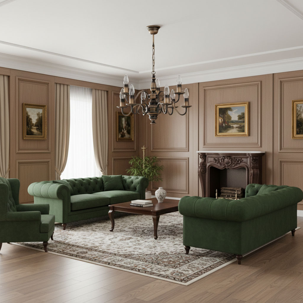 Żyrandol świecznikowy Velita w kolorze patyny z dziewięcioma miejscami na żarówki E14, zawieszony na łańcuchu. Oświetlenie umieszczone w eleganckim wnętrzu z zielonymi sofami i drewnianym stolikiem na tle jasnych ścian.