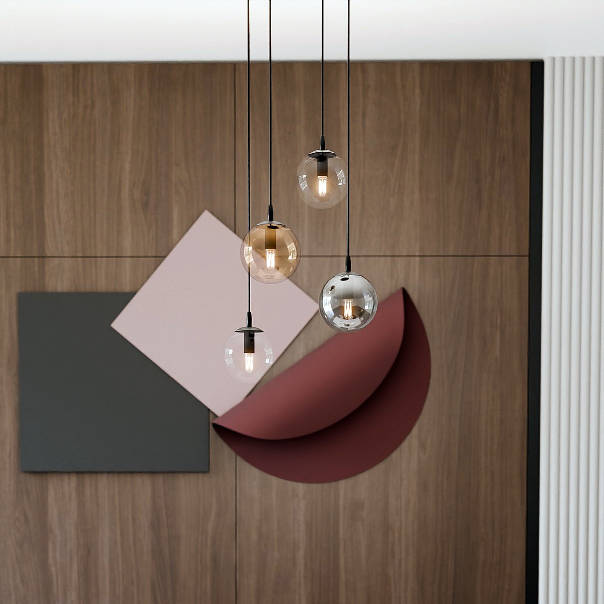 Lampa wisząca Cosmo Premium 4-punktowa w multikolorze. Cztery kuliste klosze w różnych odcieniach (przezroczysty, złoty, miedziany) zawieszone na czarnych przewodach, w nowoczesnym wnętrzu z dekoracyjnymi panelami w tle.