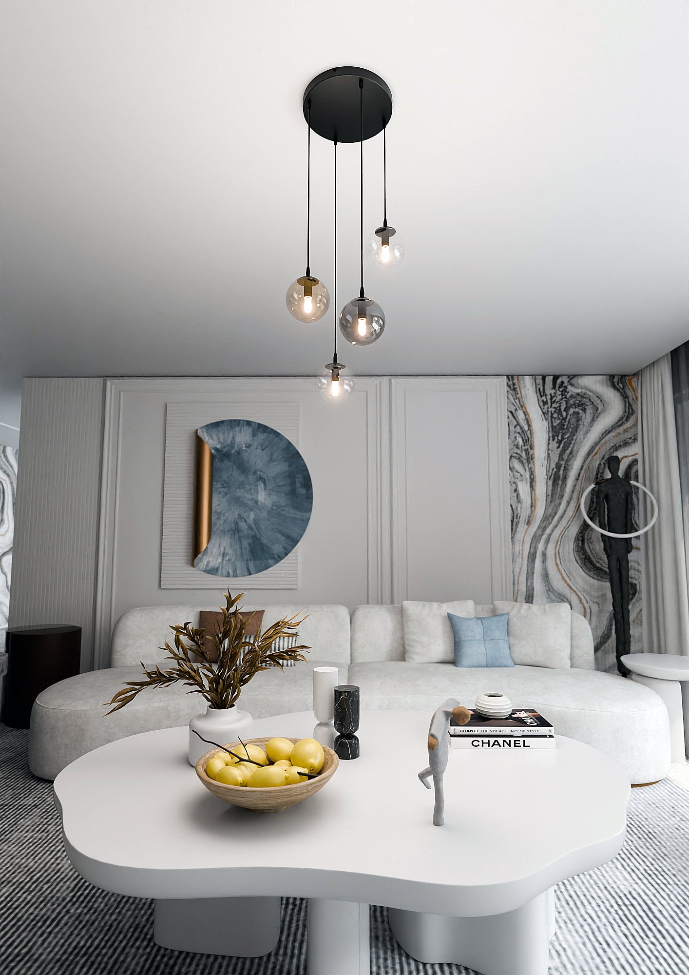 Lampa wisząca Cosmo Premium 4-punktowa w multikolorze, zawieszona na czarnych linkach. Szklane klosze w różnych kształtach, umieszczone na wysokości sufitowej, w minimalistycznej aranżacji z jasnym tłem i nowoczesnymi meblami.