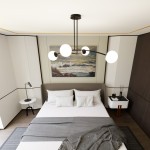 Lampa wisząca Halldor 4-punktowa w kolorze czarnym, z czterema okrągłymi, białymi kloszami, umieszczona nad łóżkiem w nowoczesnej sypialni. Ujęcie z góry, w tle widoczny obraz oraz nocna lampka.