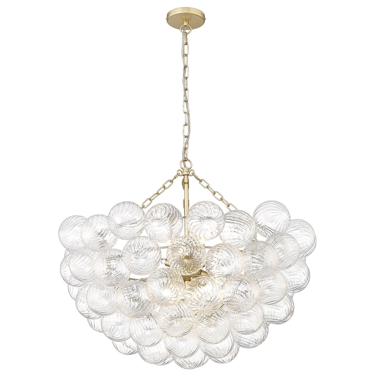 Lampa wisząca Como z 13 źródłami G9, w złotym matowym wykończeniu. Składa się z wielu przezroczystych, dekoracyjnych kul o teksturowanej powierzchni, zawieszona na złotej łańcuchu. Idealna do nowoczesnych wnętrz.