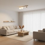 Beżowa lampa sufitowa Aspa K-5830 z jedną oprawą GU10 i dwoma G9, zamontowana na drewnianym stelażu. Oświetlenie w nowoczesnym wnętrzu, widoczna jasna kanapa i stół na tle białej ściany i zasłon.