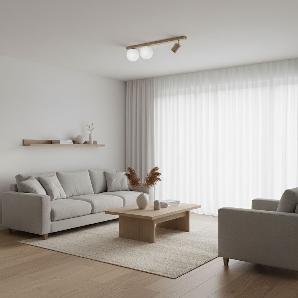 Beżowa lampa sufitowa Aspa K-5830 z jednym gniazdem GU10 i dwoma gniazdami G9. Zainstalowana na prostym stelażu, z dwoma okrągłymi kloszami, w jasnym wnętrzu, nad szarym sofą i drewnianym stolikiem.