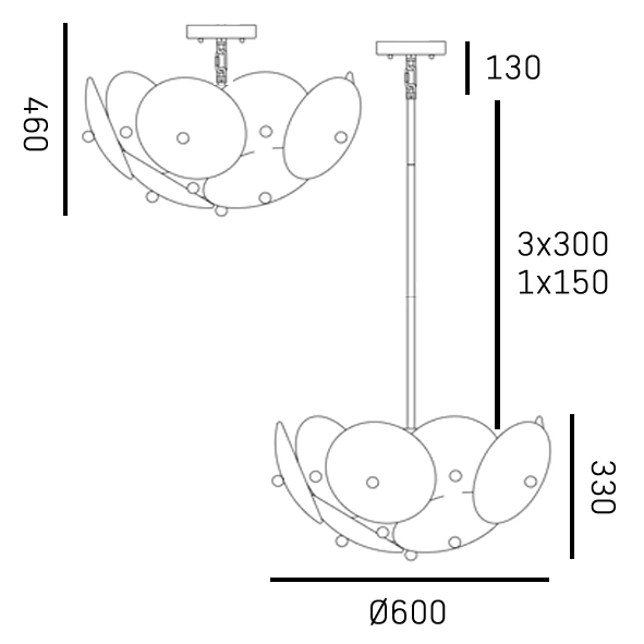 Lampa wisząca Arden w kolorze mosiądzu, z miejscem na 6 żarówek E14. Okrągła konstrukcja o średnicy 600 mm, w kształcie złożonym z okrągłych elementów. Długość zwisu 460 mm, szerokość 330 mm. Ujęcie z góry, z wymiarami i detalami konstrukcji.