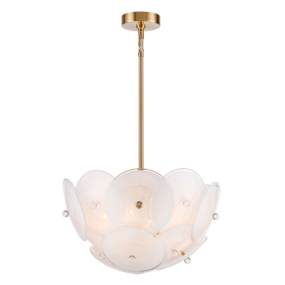 Lampa wisząca Arden z mosiężnym wykończeniem, z sześcioma gniazdami E14. Klosz w kształcie kwiatu z przezroczystymi, okrągłymi elementami, zawieszona na długim stelażu. Całość w jasnych tonacjach, idealna do nowoczesnych wnętrz.