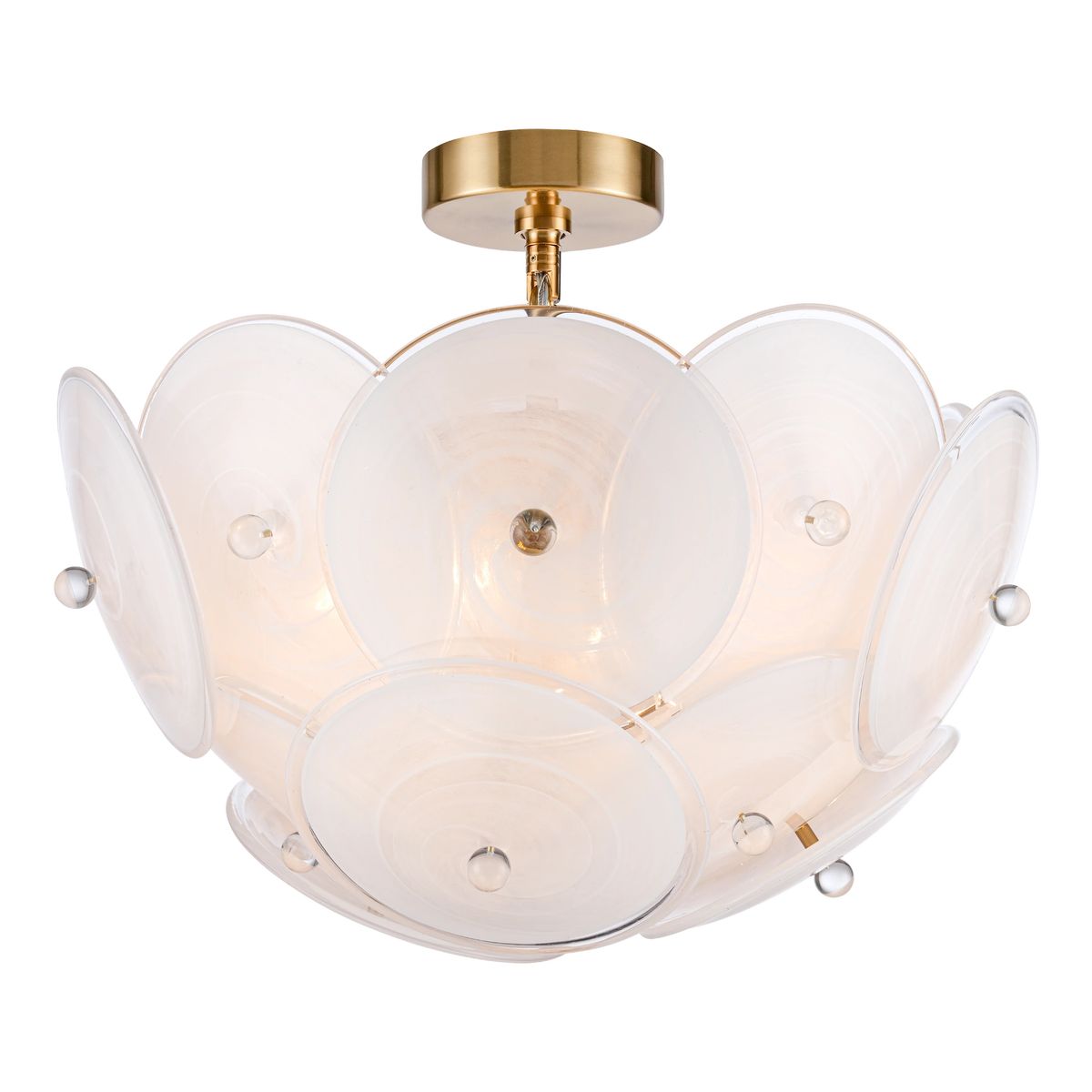 Lampa wisząca Arden w kolorze mosiądzu, z sześcioma oprawami E14. Okrągła, z przezroczystymi, falistymi kloszami, ułożonymi w kwiatowy wzór. Widoczny metalowy uchwyt montażowy. Delikatne, stonowane światło, idealna do nowoczesnych wnętrz.