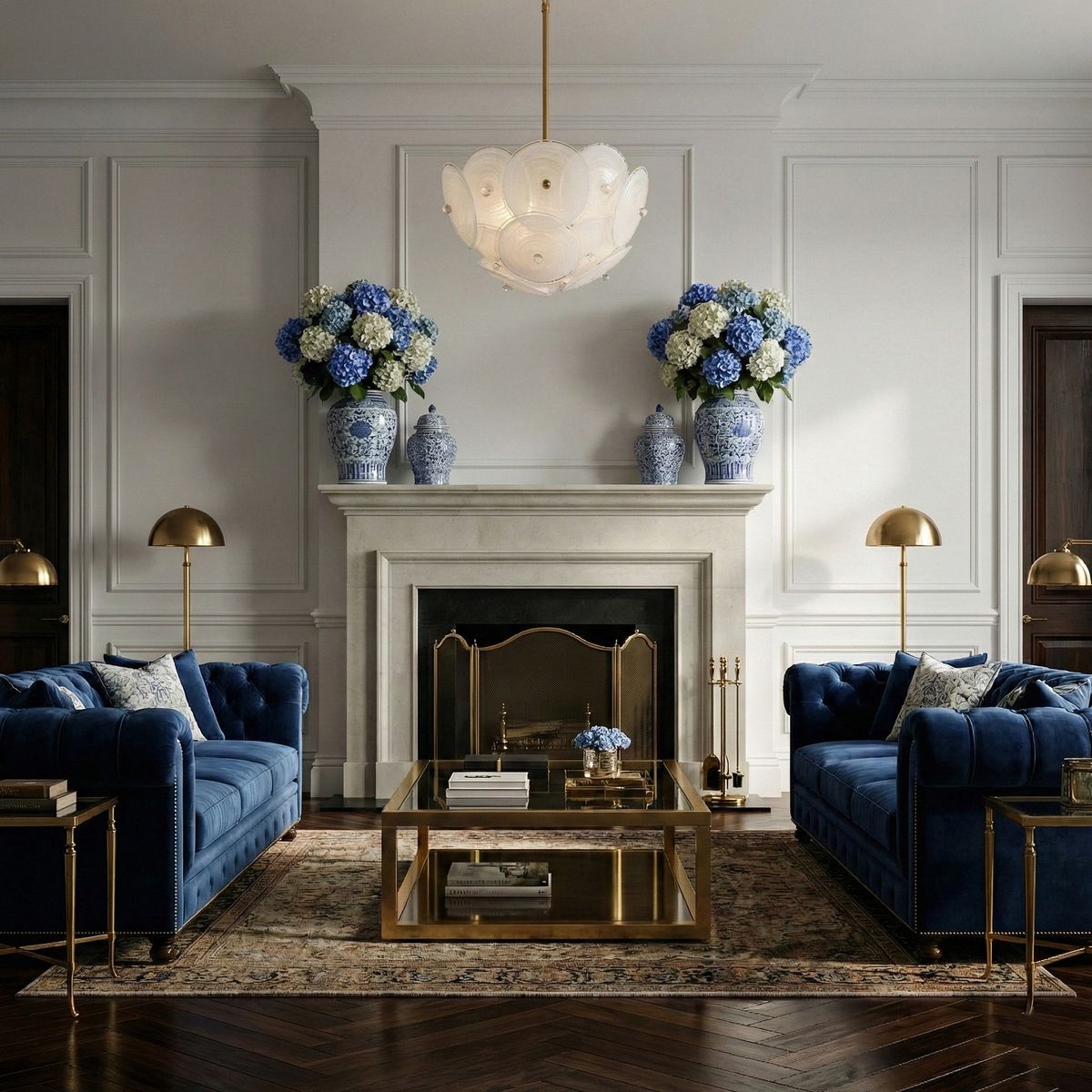 Lampa wisząca Arden w kolorze mosiądzu, z sześcioma miejscami na żarówki E14, zawieszona na złotym łańcuszku. W tle elegancki salon z niebieskimi sofami, kominkiem i dekoracyjnymi wazonami z kwiatami.