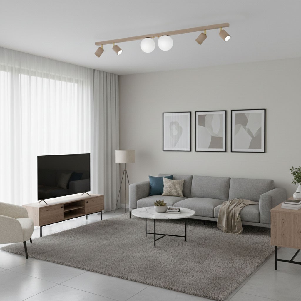 Beżowa lampa sufitowa Aspa z pięcioma źródłami światła (4xGU10, 2xG9) zamontowana na drewnianej listwie. Produkt w nowoczesnym wnętrzu, nad szarym dywanem, obok szarej kanapy i stolika kawowego.