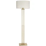 Lampa podłogowa Athens z mosiądzu, z okrągłym białym abażurem. Stojąca na kwadratowej podstawie, z dwoma cienkimi rurkami łączącymi podstawę i klosz. Prosty, nowoczesny design, idealna do wnętrz. Działa na żarówkę E27.