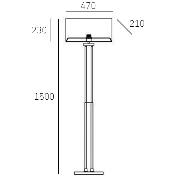Lampa podłogowa Athens 1xE27 w kolorze mosiądzu, o wysokości 150 cm i szerokości 47 cm. Posiada prostokątny klosz o wymiarach 47x21 cm, z metalowym stelażem. Ujęcie frontalne pokazuje elegancki design oraz proporcje produktu.