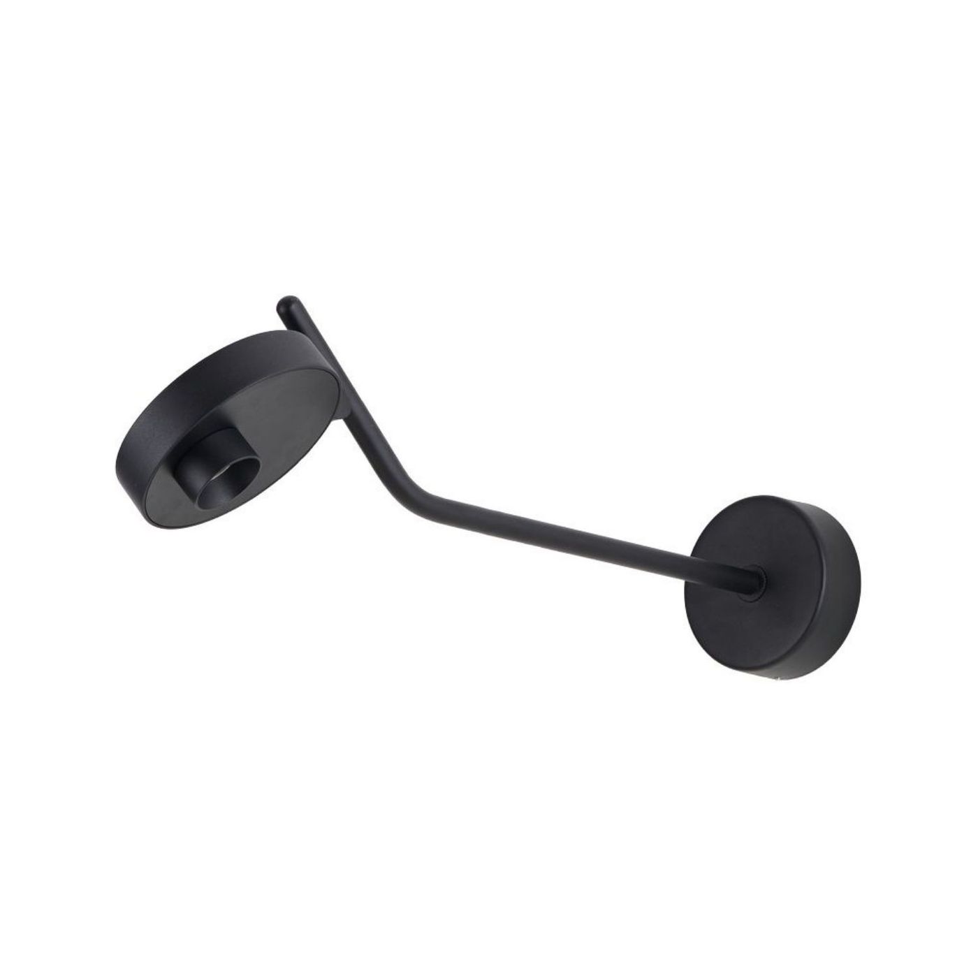 Kinkiet Iseo spot LED 9W w kolorze czarnym, o prostym, nowoczesnym designie. Uchwyt z okrągłą głowicą zamontowany na cienkiej, zakrzywionej rurce. Produkt widoczny na białym tle.