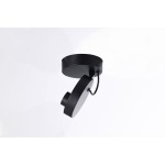 Lampa sufitowa spot LED 9W w kolorze czarnym, z okrągłą głowicą i zamocowaniem na suficie. Ujęcie z boku, pokazujące kąt obrotu lampy. Prosta, nowoczesna forma, wykonana z metalu, na jednolitym, jasnym tle.