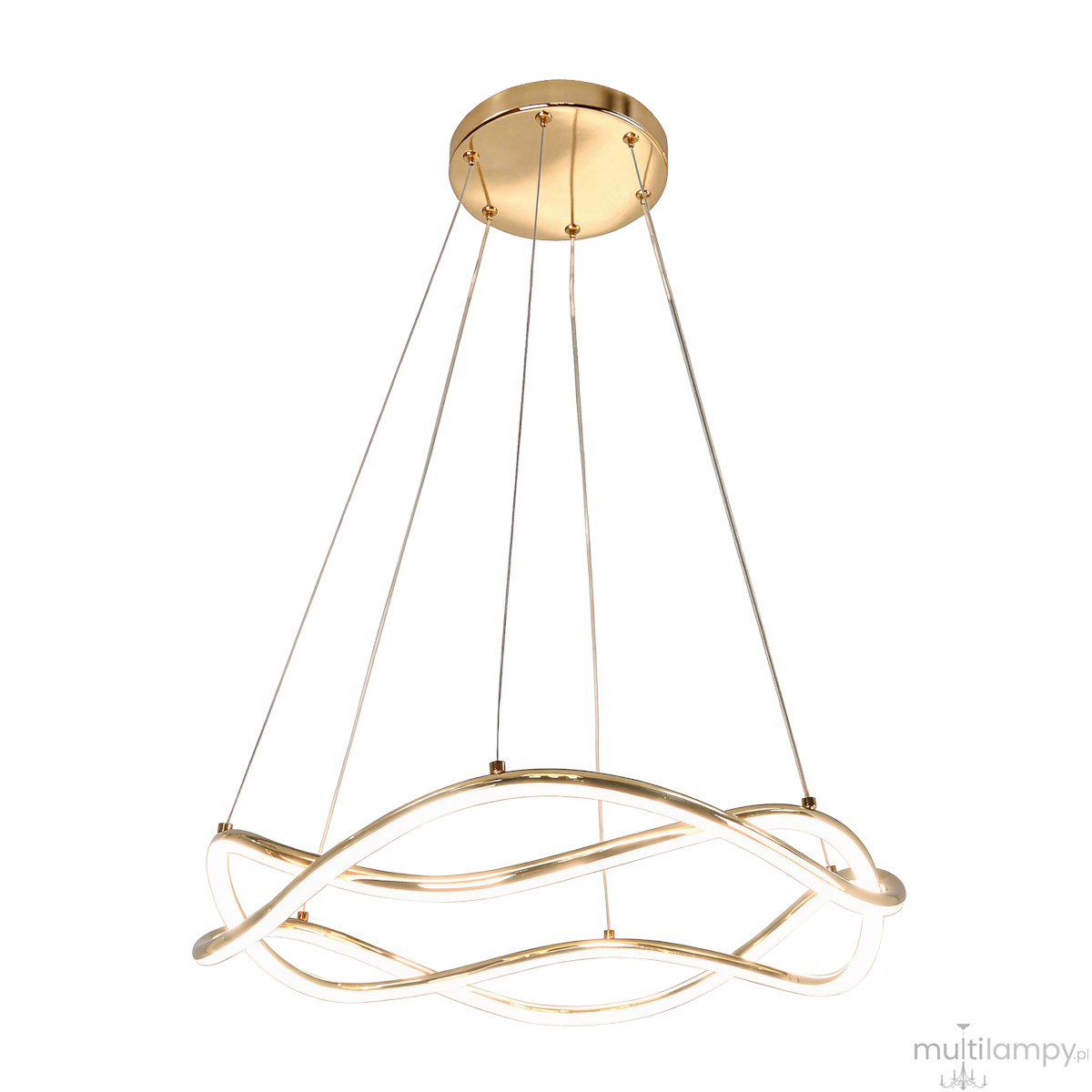 Lampa wisząca LED Infania 36W CCT w kolorze złotym, o falistym kształcie, zawieszona na cienkich linkach. Posiada okrągły sufitowy uchwyt. Wykonana z metalu i tworzywa, idealna do nowoczesnych wnętrz.