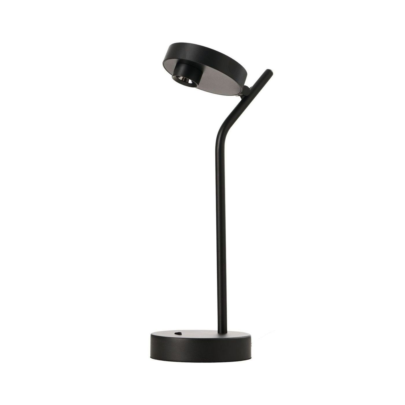Lampa stołowa LED Iseo 3W w kolorze czarnym, z okrągłą podstawą i smukłym, wygiętym ramieniem. Górna część lampy ma okrągły klosz, skierowany w dół, co podkreśla nowoczesny design. Całość na jednolitym tle.