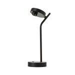 Lampa stołowa LED Iseo 3W w kolorze czarnym, z okrągłą podstawą i smukłym, wygiętym ramieniem. Górna część lampy ma okrągły klosz, skierowany w dół, co podkreśla nowoczesny design. Całość na jednolitym tle.