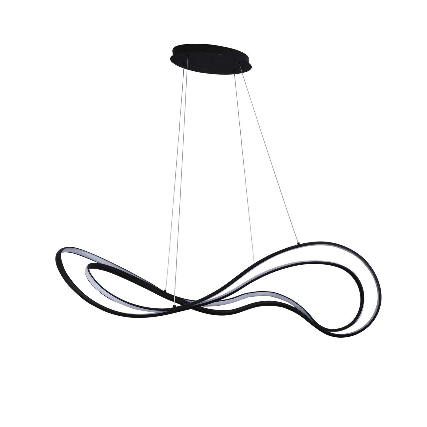 Lampa wisząca LED Twist 60W w kolorze czarnym, o nowoczesnym, falistym kształcie. Zawieszona na cienkich linkach, z płaskim mocowaniem sufitowym. Idealna do wnętrz, dodaje elegancji i stylu.