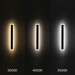 Kinkiet elewacyjny LED Wow 60, czarny, o mocy 20W CCT IP54, pokazany w trzech wariantach barwy światła: 3000K, 4000K i 6500K. Lampka ma prostokątny kształt z białą ramką wokół czarnego wnętrza, montowana na ścianie.