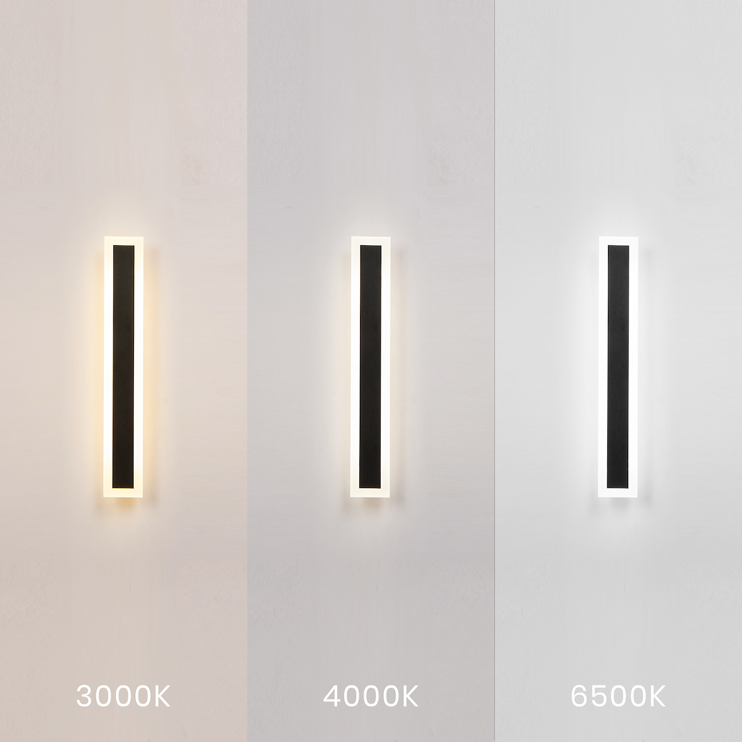 Kinkiet elewacyjny LED Wow 60, czarny, 20W, IP54. Trzy warianty barwy światła: 3000K (ciepła), 4000K (neutralna), 6500K (zimna). Prosty, prostokątny kształt z czarnym rdzeniem, montowany na ścianie.