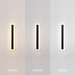 Kinkiet elewacyjny LED Wow 60, czarny, 20W, IP54. Trzy warianty barwy światła: 3000K (ciepła), 4000K (neutralna), 6500K (zimna). Prosty, prostokątny kształt z czarnym rdzeniem, montowany na ścianie.
