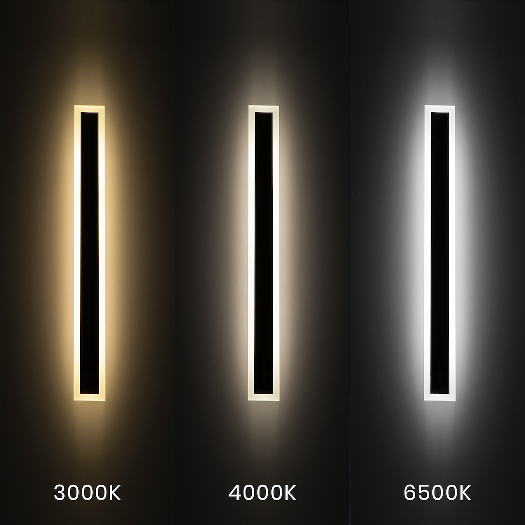Kinkiet elewacyjny LED 25W w kolorze czarnym, prezentujący trzy warianty temperatury barwowej: 3000K (ciepłe światło), 4000K (neutralne światło) i 6500K (zimne światło). Ujęcie frontalne, prostokątna forma, montowany na ścianie, odporność na wilgoć IP54.