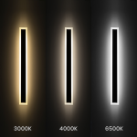 Kinkiet elewacyjny LED 25W w kolorze czarnym, prezentujący trzy warianty temperatury barwowej: 3000K (ciepłe światło), 4000K (neutralne światło) i 6500K (zimne światło). Ujęcie frontalne, prostokątna forma, montowany na ścianie, odporność na wilgoć IP54.