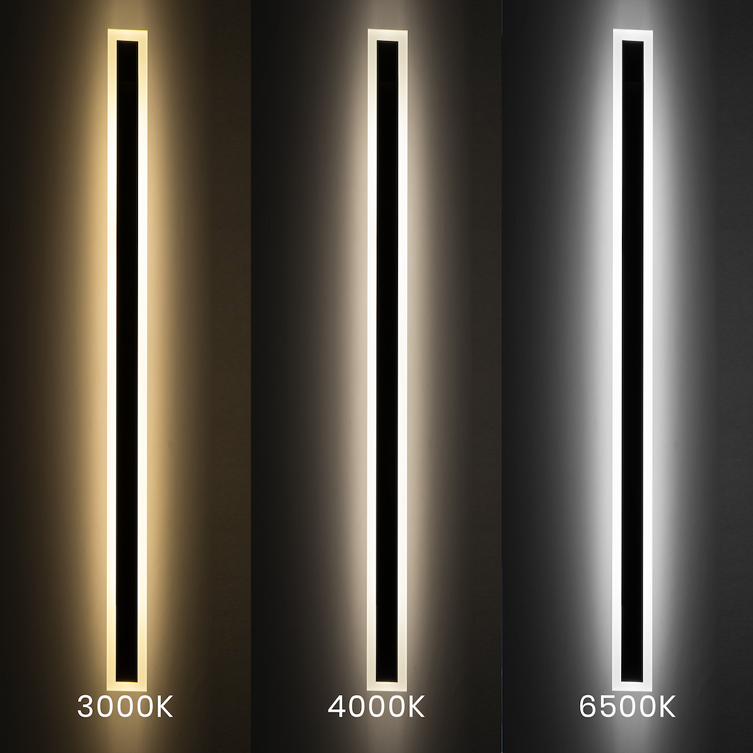 Kinkiet elewacyjny LED Wow 150 o mocy 30W w kolorze czarnym, prezentujący trzy różne barwy światła: ciepłą (3000K), neutralną (4000K) i zimną (6500K). Lampa ma smukły, prostokątny kształt z wąskim panelem, idealna do montażu na zewnątrz (IP54).