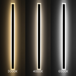 Kinkiet elewacyjny LED Wow 150 o mocy 30W w kolorze czarnym, prezentujący trzy różne barwy światła: ciepłą (3000K), neutralną (4000K) i zimną (6500K). Lampa ma smukły, prostokątny kształt z wąskim panelem, idealna do montażu na zewnątrz (IP54).