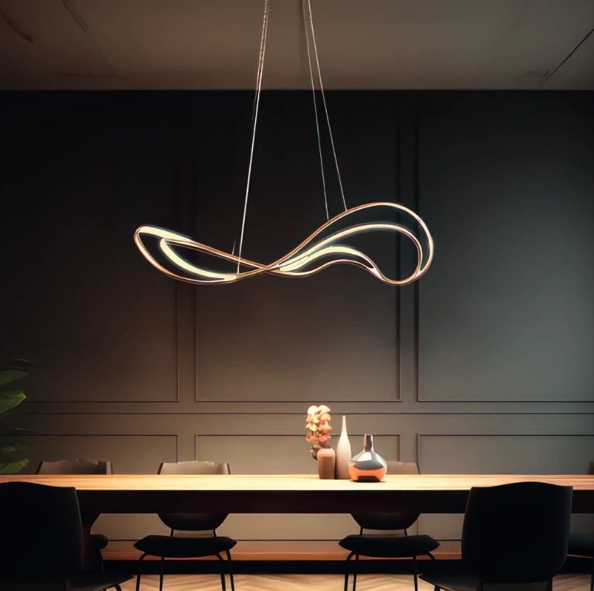 Lampa wisząca LED Twist 60W w kolorze złotym o nowoczesnym, falistym kształcie, zawieszona nad drewnianym stołem w eleganckim wnętrzu. Tło w ciemnym odcieniu podkreśla jej stylowy design.