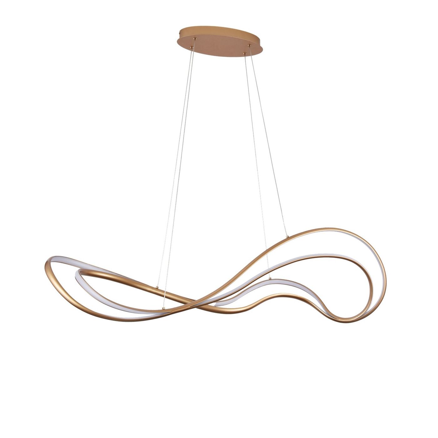 Lampa wisząca LED Twist 60W w złotym kolorze, o nowoczesnym, falistym kształcie. Zawieszona na cienkich linkach, z okrągłym mocowaniem sufitowym, idealna do nowoczesnych wnętrz. Tło białe, podkreślające design lampy.