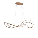 Lampa wisząca LED Twist 60W w złotym kolorze, o nowoczesnym, falistym kształcie. Zawieszona na cienkich linkach, z okrągłym mocowaniem sufitowym, idealna do nowoczesnych wnętrz. Tło białe, podkreślające design lampy.