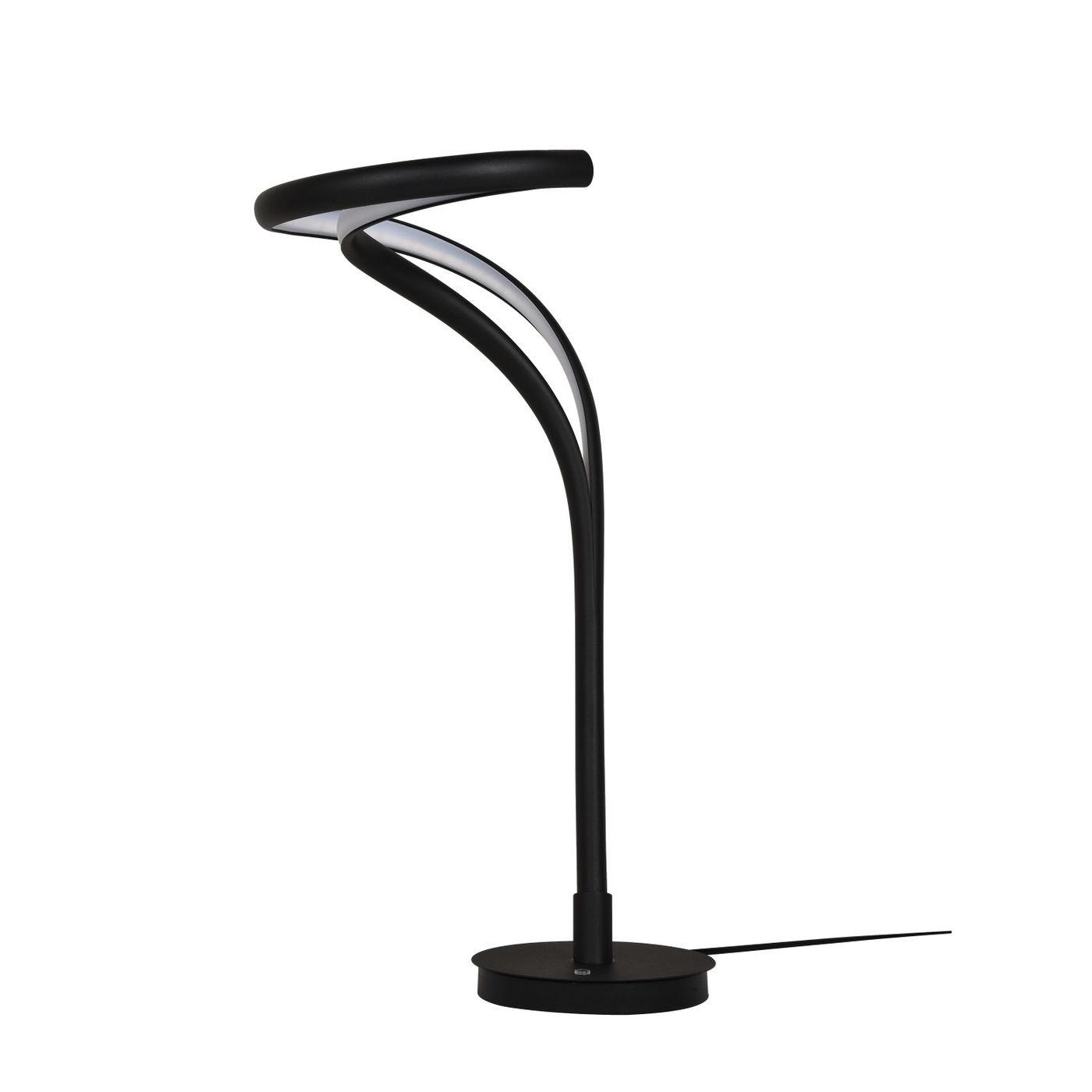 Czarna lampa stołowa LED 18W z elastycznym, giętym ramieniem w kształcie spirali. Ustawiona na okrągłej podstawie, z widocznym kablem. Wyróżnia się nowoczesnym designem, idealna do biura lub salonu.