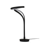Czarna lampa stołowa LED 18W z elastycznym, giętym ramieniem w kształcie spirali. Ustawiona na okrągłej podstawie, z widocznym kablem. Wyróżnia się nowoczesnym designem, idealna do biura lub salonu.