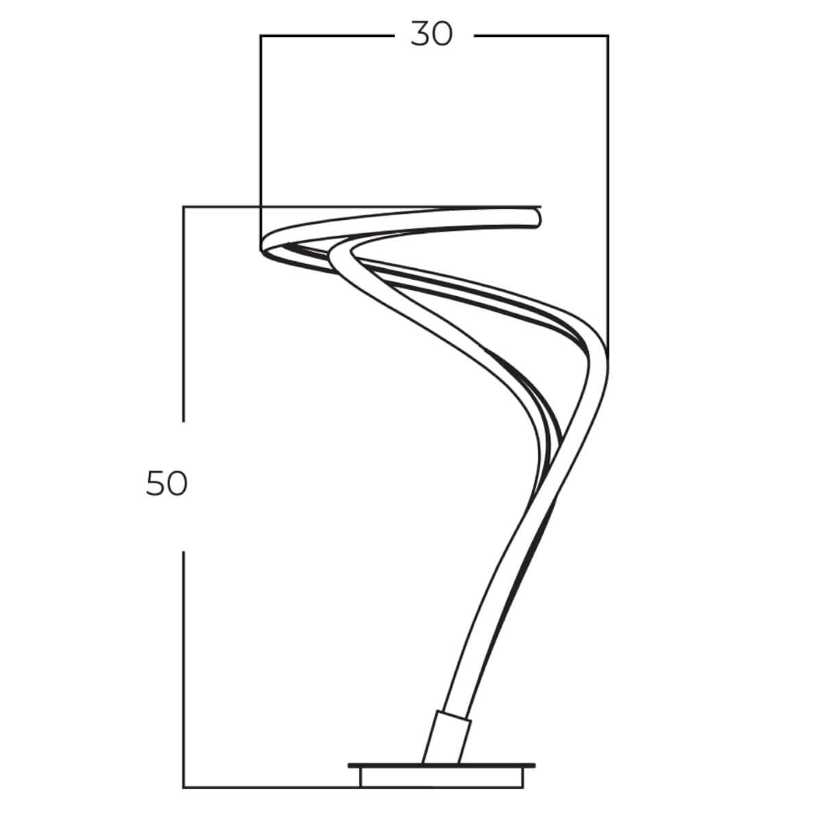 Lampa stołowa LED Twist 18W w złotym kolorze, z charakterystycznym, spiralnym kształtem. Wymiary: wysokość 50 cm, szerokość 30 cm. Stojąca, nowoczesna konstrukcja z płaską podstawą, idealna do biura lub wnętrz.