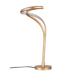 Lampa stołowa LED Twist 18W w kolorze złotym, o nowoczesnym kształcie z dwoma zakrzywionymi ramionami. Podstawa okrągła, metaliczna. Widoczny kabel zasilający. Produkt stoi w pozycji pionowej na jednolitym tle.