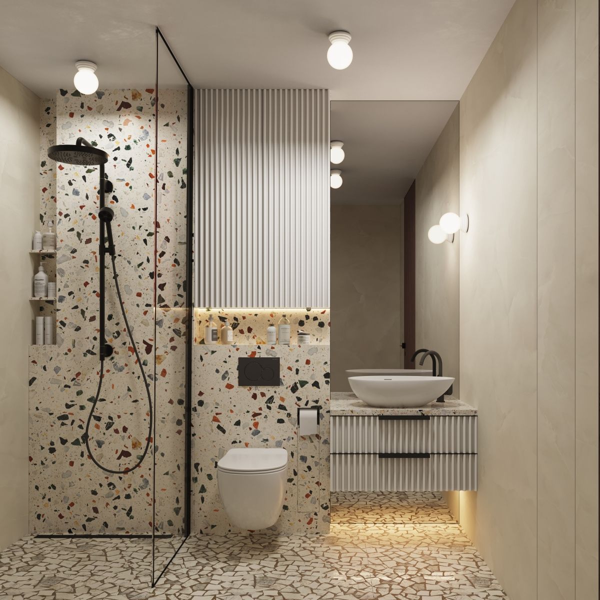 Biały kinkiet Zori 1xG9 IP44, zamontowany na ścianie w łazience. Oświetlenie emituje miękkie światło, a jego okrągła forma harmonizuje z nowoczesnym wystrojem wnętrza. Widoczne płytki w terakocie i minimalistyczne akcesoria podkreślają styl aranżacji.