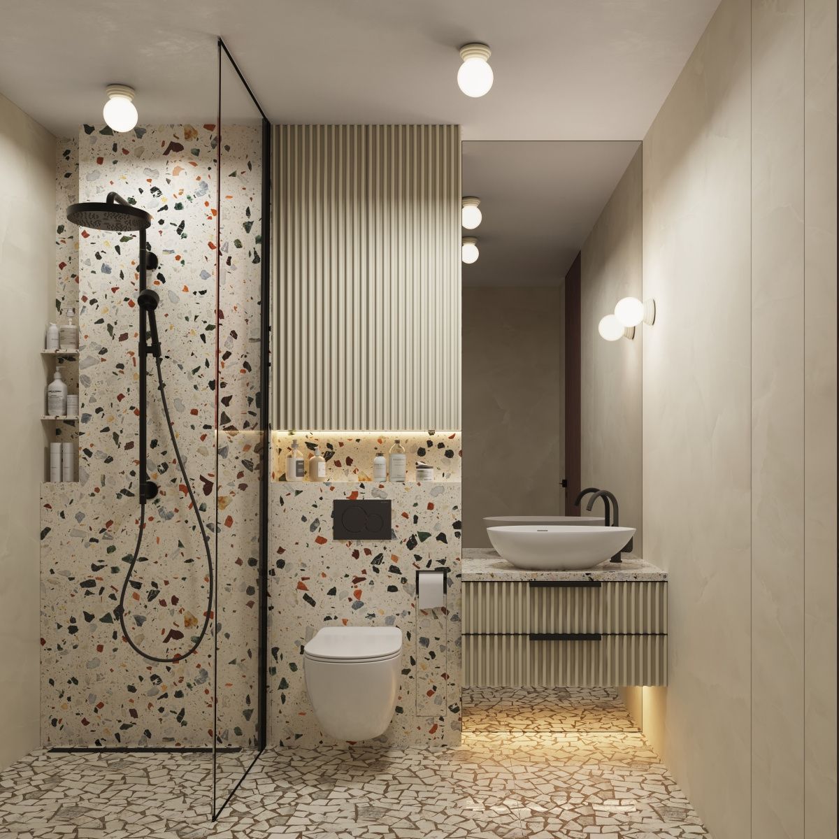 Beżowy kinkiet Zori 1xG9 IP44, zamontowany na ścianie, z okrągłym kloszem. Oświetlenie w nowoczesnej łazience z terakotą w odcieniach beżu i wzorami. Kinkiet znajduje się obok umywalki, w kontekście minimalistycznego wnętrza.