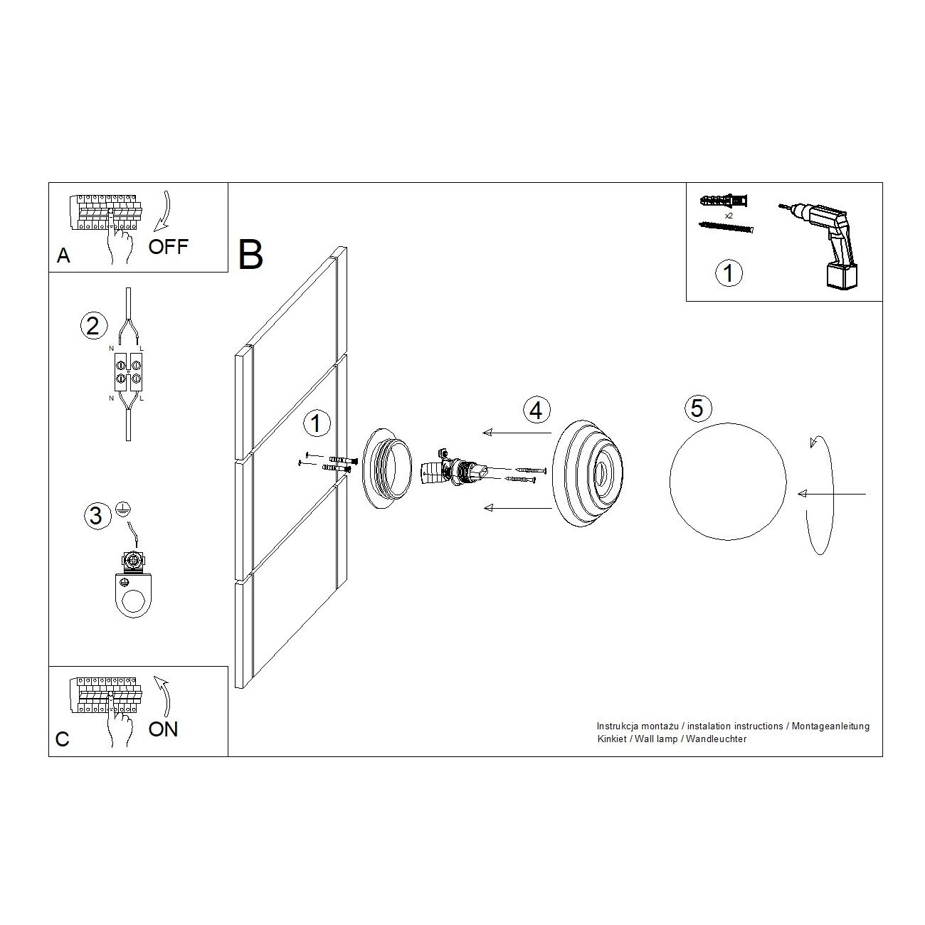 Kinkiet Zori 1xG9 IP44 w kolorze żółtym, okrągły, z przezroczystym kloszem. Ujęcie z przodu, produkt montowany na ścianie. Elementy montażowe widoczne w instrukcji, bez dodatkowych dekoracji.