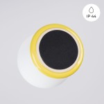 Kinkiet Zori 1xG9 IP44 w kolorze żółtym, z okrągłą, białą kloszą i czarnym, matowym elementem na górze. Widok z góry, ukazujący detale wykończenia. Produkt przeznaczony do użytku w wilgotnych pomieszczeniach.
