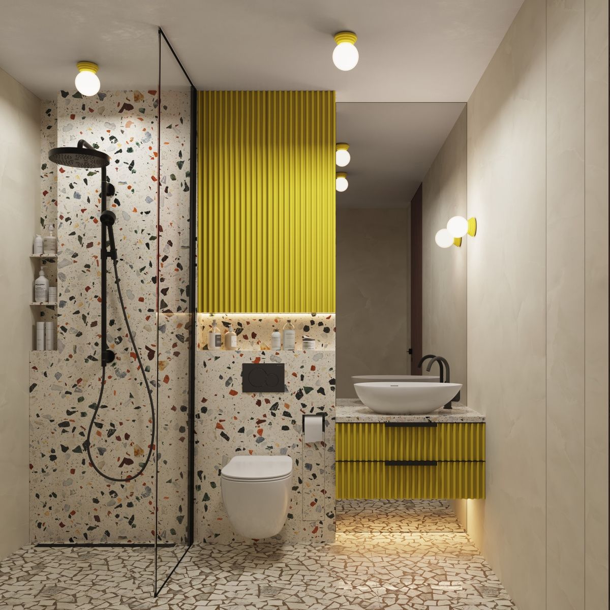 Kinkiet Zori 1xG9 IP44 w kolorze żółtym, zamontowany na ścianie w nowoczesnej łazience. W tle widoczna kabina prysznicowa z czarną słuchawką, umywalka na granitowym blacie oraz toaletka z żółtymi elementami dekoracyjnymi.