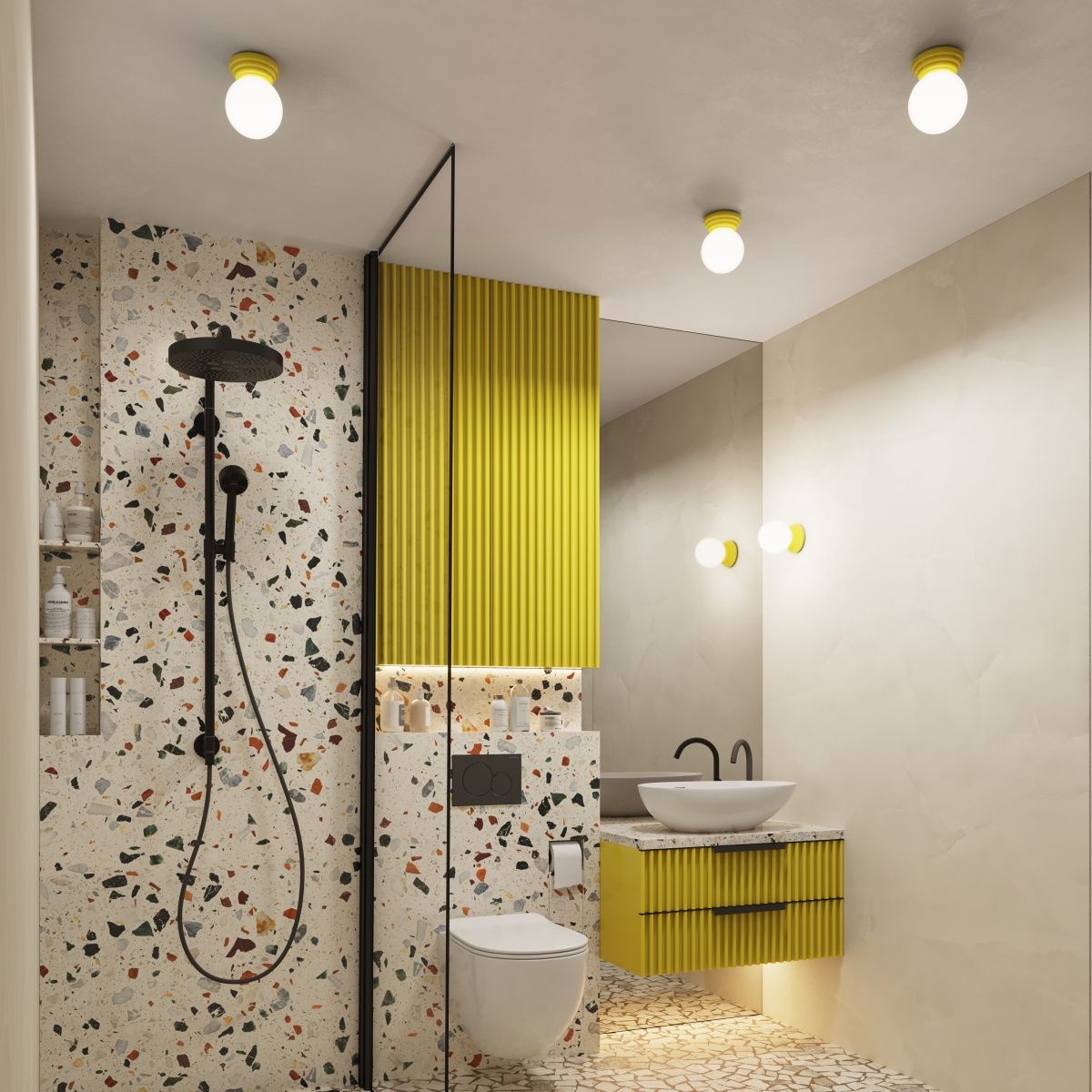 Kinkiet Zori 1xG9 w kolorze żółtym, zamontowany na ścianie w łazience. Okrągła lampa z widocznym źródłem światła, otoczona prostą oprawą. W tle znajdują się elementy dekoracyjne w odcieniach beżu i terakoty.