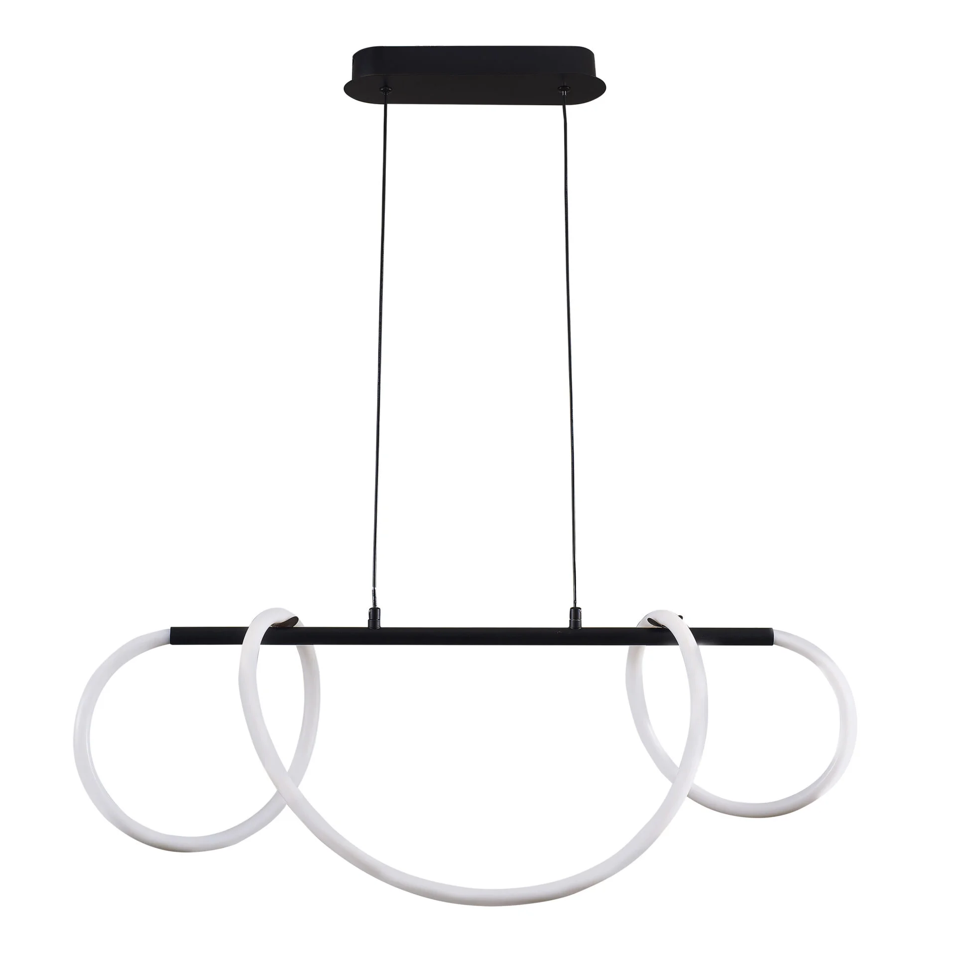 Lampa wisząca LED Emma o mocy 85W i temperaturze barwowej 4000K w kolorze czarnym. Posiada metalowy stelaż z trzema białymi okręgami, zawieszona na regulowanych linkach. Idealna do nowoczesnych wnętrz.