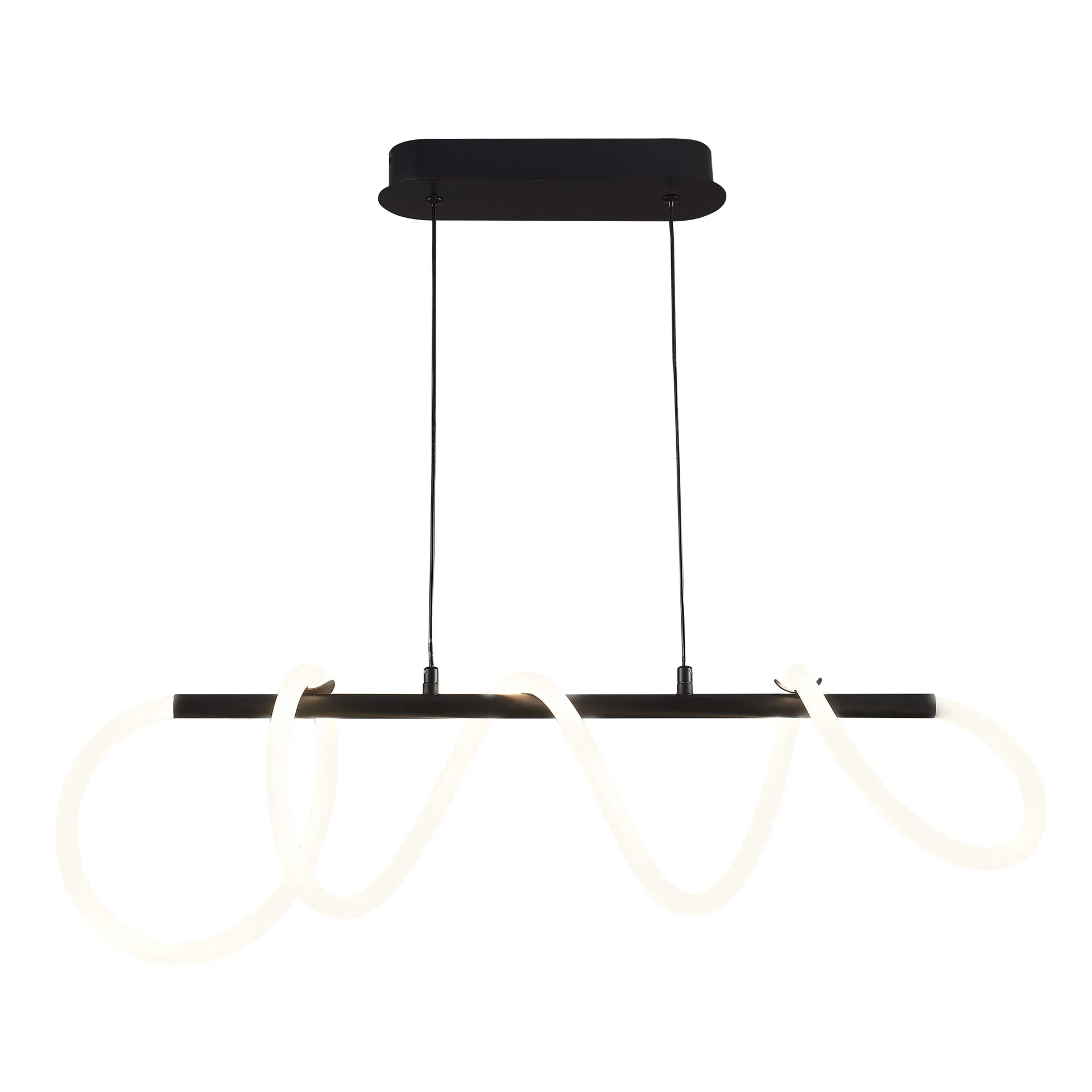 Lampa wisząca LED Emma o mocy 85W, kolor czarny. Posiada prostokątną podstawę z dwoma wiszącymi przewodami oraz elastyczne, białe elementy świetlne w formie fal. Ujęcie frontalne, na jednolitym tle.