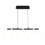 Lampa wisząca LED Emma o mocy 85W, kolor czarny. Posiada prostokątną podstawę z dwoma wiszącymi przewodami oraz elastyczne, białe elementy świetlne w formie fal. Ujęcie frontalne, na jednolitym tle.