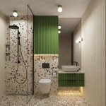 Zielona lampa sufitowa Zori 1xG9 IP44, umieszczona w łazience, z okrągłymi, białymi kloszami. Widoczna obok czarnej kabiny prysznicowej oraz umywalki na drewnianej szafce, na tle kolorowych płytek terazzo.