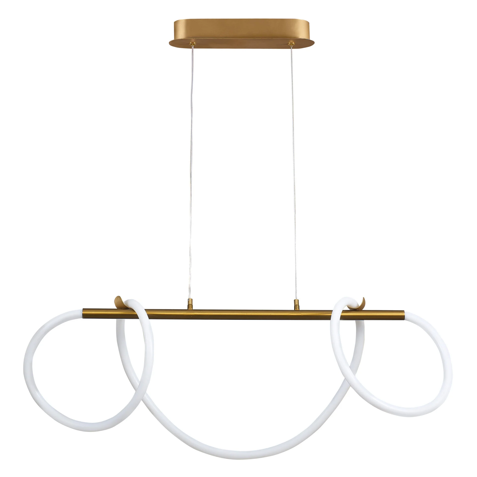 Lampa wisząca LED Emma o mocy 85W, 4000K w kolorze złotym. Konstrukcja składa się z poziomego elementu z metalowym wykończeniem oraz trzech białych, okrągłych detali. Produkt zawieszony na dwóch cienkich linkach, umieszczony na prostokątnej podstawie.
